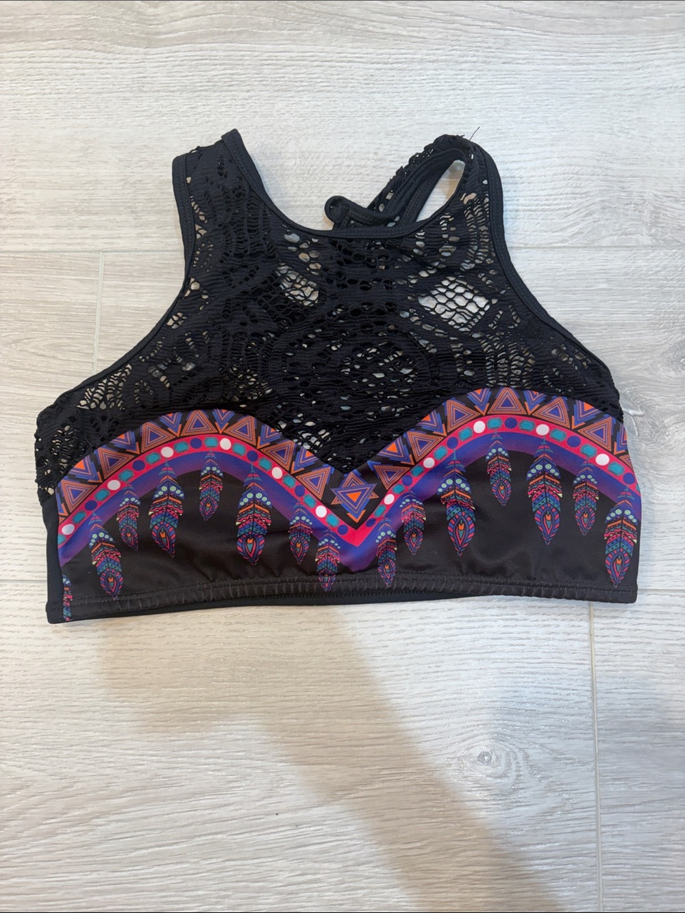 Black Crochet High-Neck Bikini Top with Purple & Pink Tribal Accent